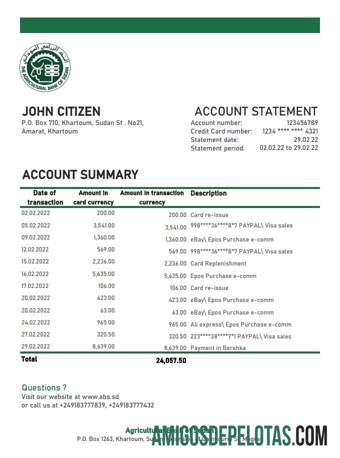 Exemplo de extrato bancário Xls do Banco Agrícola do Sudão do Sudão